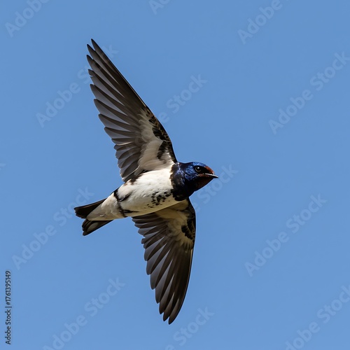 Captivating shot of a swallow in full flight against a clear blue backdrop
