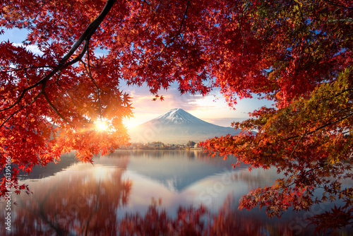 Colorful Autumn Season and Mountain Fuji with morning fog and red leaves at lake Kawaguchiko is one of the best places in Japan