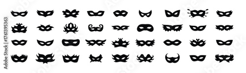 Carnival masks silhouettes icon set. Simple black icons masquerade mask, for party, parad, carnival, Halloween. Mask elements isolated sign, symbol