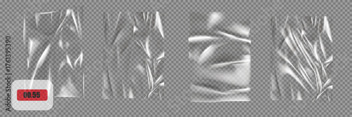 Transparent plastic film texture. Stretchable polyethylene film in A4 size. Plastic stretch cellophane effect with a crumpled and wrinkled texture.