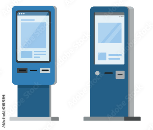 Two blue self-service kiosks with touchscreens for information and transactions.
