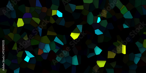 Dark abstract geometric mosaic pattern with glowing neon cyan and yellow polygonal shapes on a black background