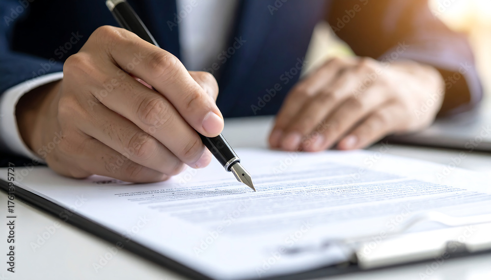 Naklejka premium Business or tax document review and signing with fountain pen