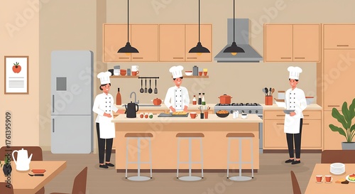 Chefs preparing food in a professional kitchen illustration.