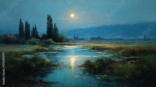 Moody Oil Painting: Dark Landscape Under the Moonlight in Lake Forest