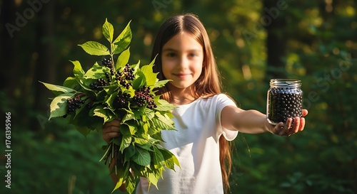 Young girl holds elderberry branches and a jar of berries outdoors in a forest setting