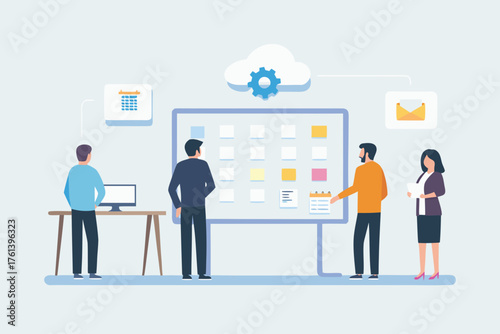 Team collaborating on a digital board with cloud technology and calendar icons for project management