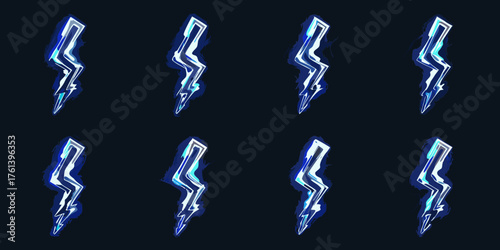 Collection of eight stylized blue lightning bolt icons with a glowing aura on a dark background