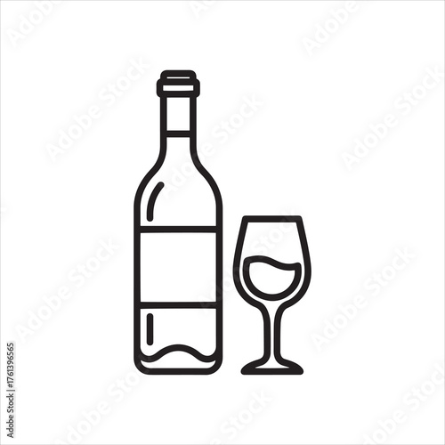 Simple line drawing of wine bottle and glass icon symbolizing celebration and drinks
