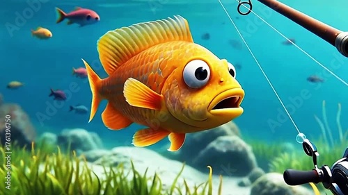 A cartoon-style, wide-eyed orange fish with yellow fins is animatedly floating in a vibrant underwater scene near a fishing rod and reel, looking slightly surprised or concerned.