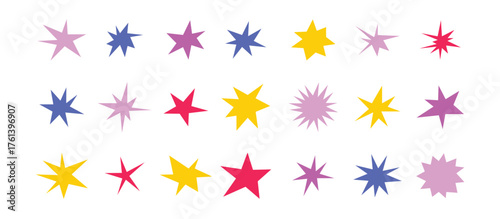Sharp stars shapes set. Bright irregular sparks, colorful twinkles. Abstract edgy sparkle and stars elements pack. Asymmetry forms