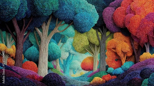 Supersurrealism Art: Prismatic Trees in a Forest Made from Twisted Fibers and Paint Brush Tops. A Vibrant Landscape with Paint-Filled Leaves