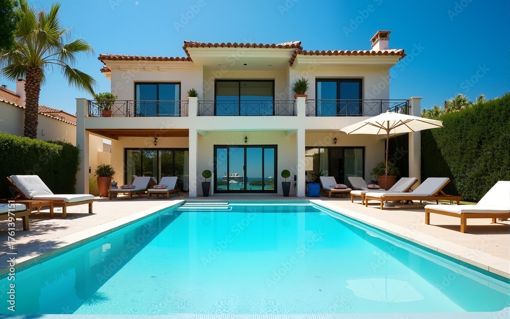 Fototapeta premium Private swimming pool near luxury villa. Sunny summer vacation. High quality