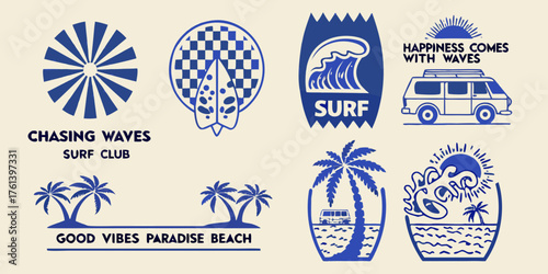 Collection of vintage style blue surf and beach themed graphics and icons with text
