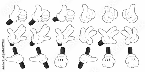 Collection of classic cartoon hand gestures and poses in white gloves