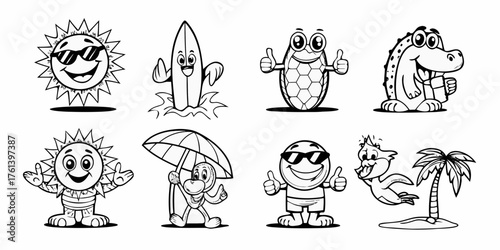 Collection of cartoon summer characters including sun surfboard turtle alligator and bird with palm tree