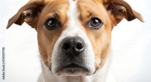 Close-up portrait of a friendly dog with brown and white fur.