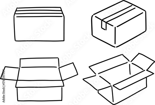 いろんな向きの段ボール箱の線画(ベクター・セット)