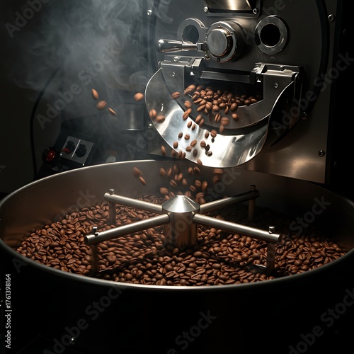 Coffee Beans Roasting Process in Industrial Machine Close Up.