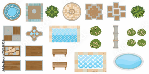Top down view collection of outdoor elements for garden and landscape design