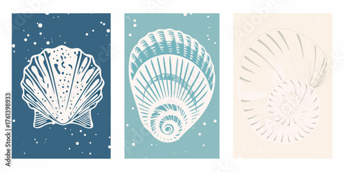 Three minimalist abstract seashell illustrations in a triptych format with a textured background