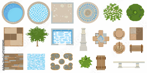 Top down view collection of garden elements and architectural features for landscape design