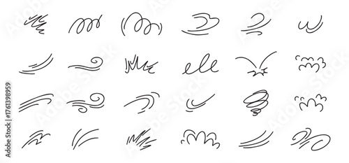 Doodle line wind moving set. Breath of the typhoon. Flat wind moves Vector isolated illustration