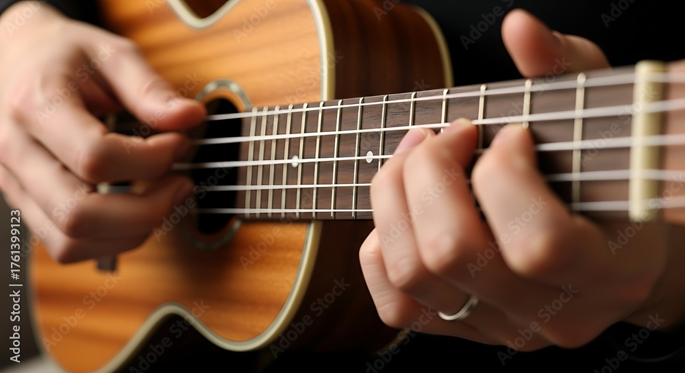 Fototapeta premium Close-up of hands playing a ukulele, musical instrument.
