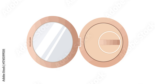 Open compact mirror with a mirror on one side and a powder puff on the other colored in light pink and beige tones