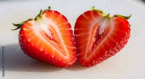 Juicy cross-section of fresh strawberries, highlighting vibrant red flesh and seeds.