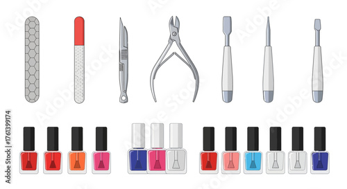 Manicure kit with tools and nail polish bottles various colors arranged in two rows