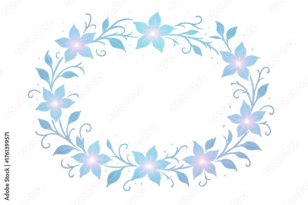 Obraz premium Blue floral wreath creating an elegant glowing frame, border design with delicate flowers and leaves, transparent background
