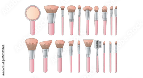 An array of pinkhandled makeup brushes including a mirror arranged in two rows against a white background