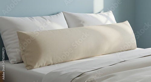 Comfortable Body Pillow on a Bed with White Linens and Pillows.