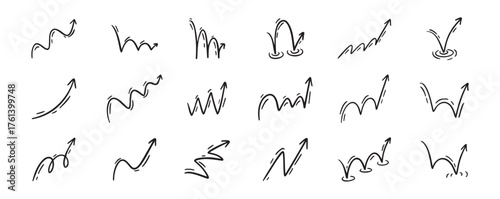 Bounce effect arrows doodle set. Manga and comic stile arrow design elements. Ball jump trajectory, ball motion expression