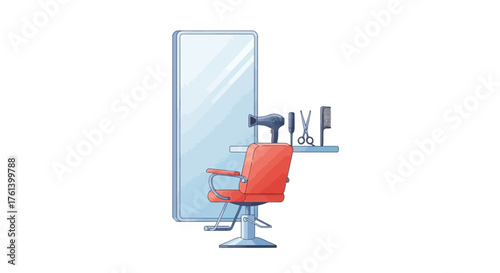 A cartoonstyle salon station with a red chair mirror shelf hair dryer scissors and comb