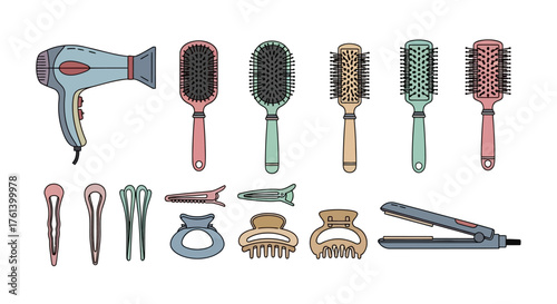 An illustration of hair styling tools dryer brushes clips and flat iron