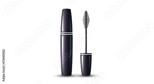 Mascara tube  wand black slender container bristled applicator white backdrop cosmetics