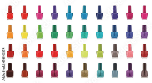 Assortment of nail polish bottles of various colors arranged in a grid pattern on a white background