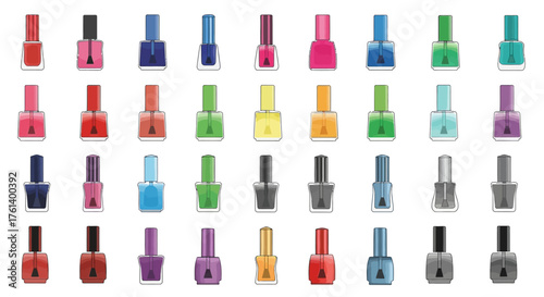 Collection of 35 nail polish bottles in various colors arranged in rows on a white background