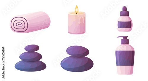 Spa elements rolled towel candle bottles  stacked stones arranged on a white background