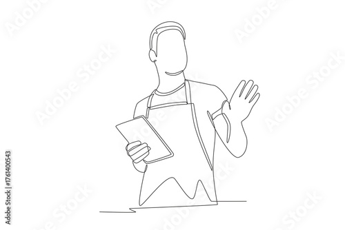 Cafe employees greet customers by waving. Greeting familiar customers concept one-line drawing