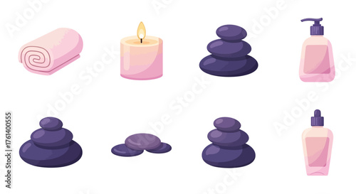 Spa elements a towel candle massage stones and lotion bottles arranged in two rows on a white background