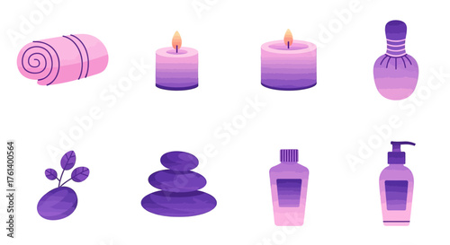 Spa icons a pink towel two candles massage bag leaves hot stones and bottles