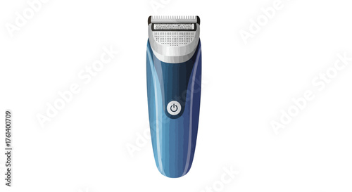 Blue electric razor with a power button and a foil shaver head