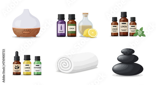 Spa scene with oil diffuser essential oils rolled towel and stacked stones for wellness