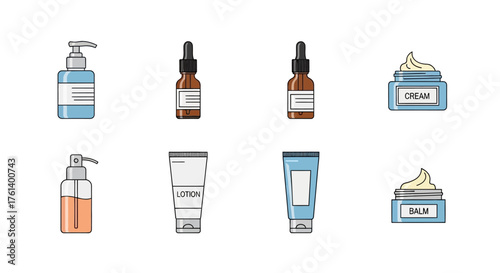 Illustration of eight cosmetic containers in two rows showcasing cream lotion and balm products