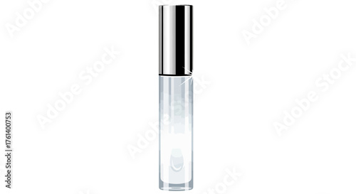 A slender clear bottle with a shiny silver cap stands upright