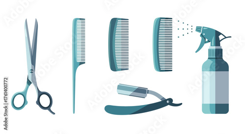 Hairdressing tools scissors combs straight razor and spray bottle on a white background