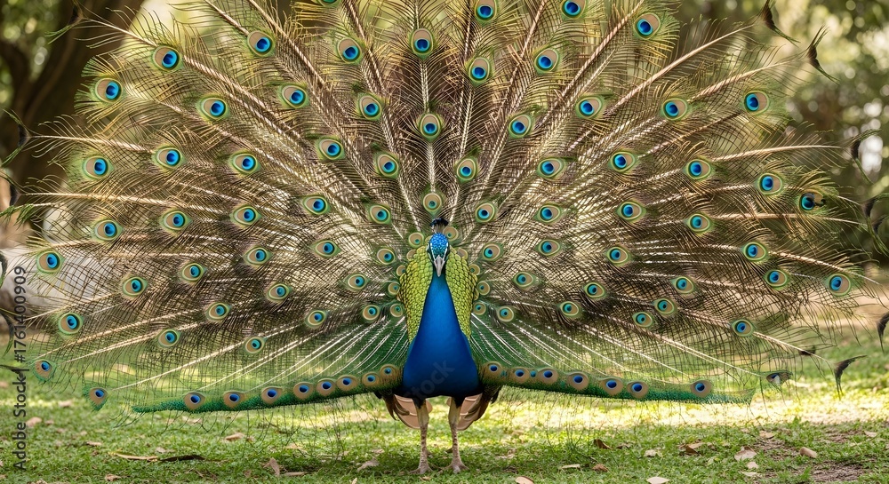 Obraz premium Peacock tail feathers spread in full display high quality stock illustration for commercial use
